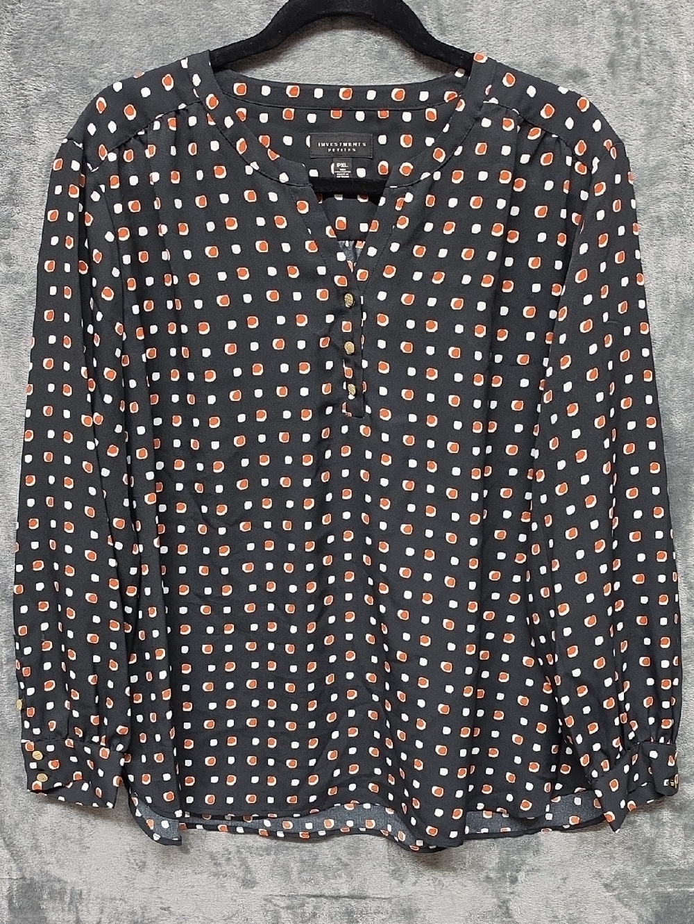 Investments Black Blouse with Orange and Cream Square Dot Print Sz XLP